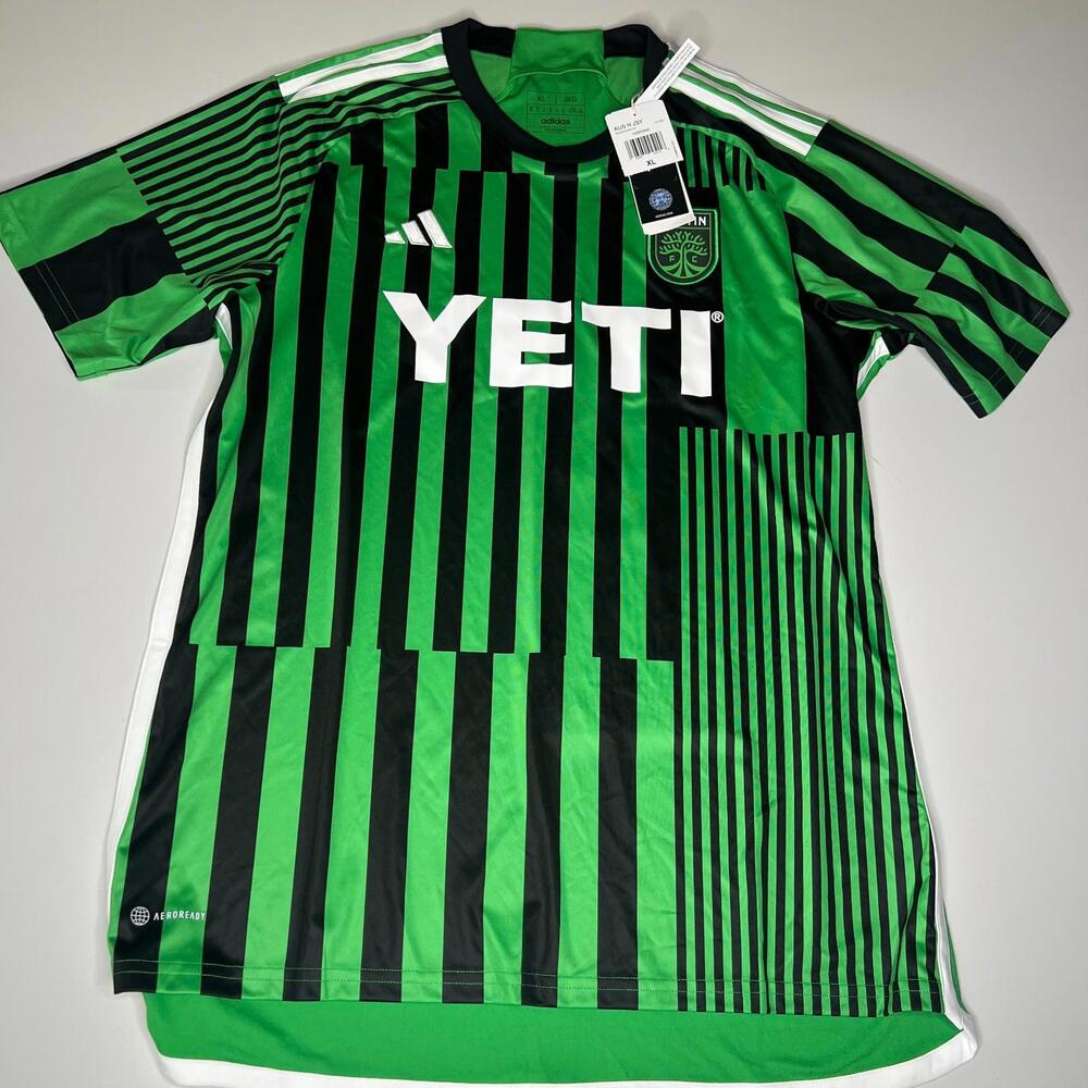New Adidas Austin FC Home Jersey Green Black Stripes YETI Size XL Slim HI1835‎